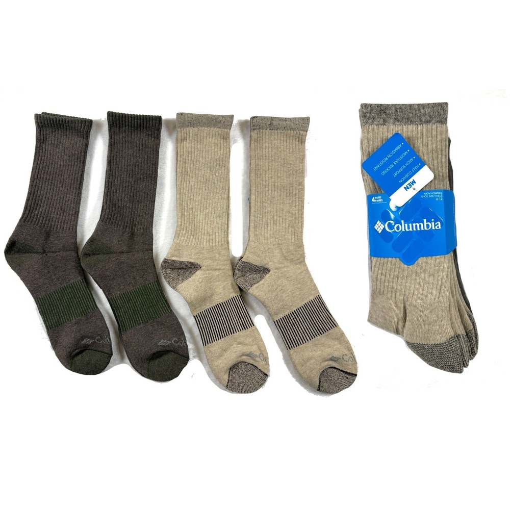 Columbia 4-Pack Moisture Control Crew Hiking Socks Men's Size 6-12 Tan Brown